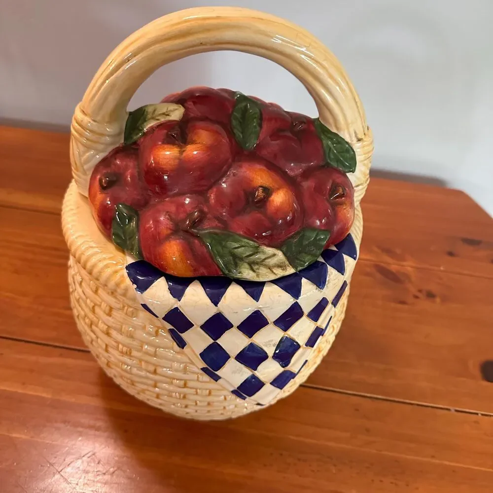 Vintage Cooks Club Ceramic Apple Basket Cookie Jar Gingham Farmhouse Kitchen Dec